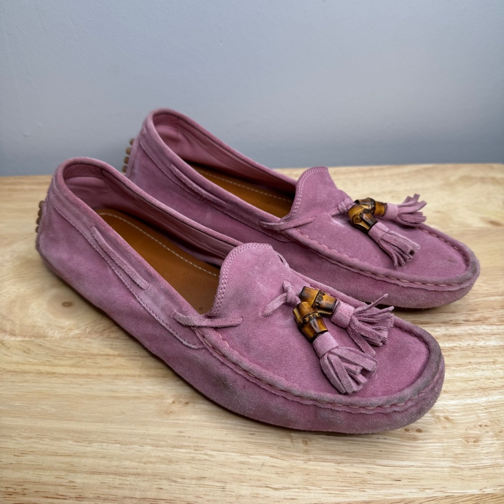 Gucci Pink Suede Bamboo Tassel Driving Loafers Moccasins 370695 Size 37.5